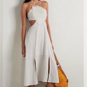 Farm Rio NWOT Embroidered Flower Halter Midi Dress White Cream Beaded Tie